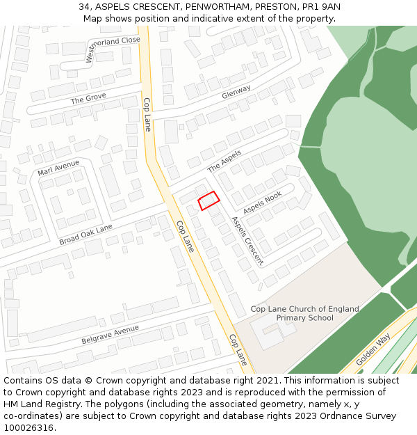 34, ASPELS CRESCENT, PENWORTHAM, PRESTON, PR1 9AN: Location map and indicative extent of plot