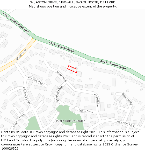 34, ASTON DRIVE, NEWHALL, SWADLINCOTE, DE11 0PD: Location map and indicative extent of plot