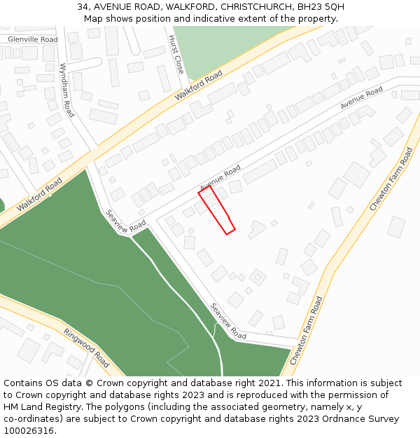 34, AVENUE ROAD, WALKFORD, CHRISTCHURCH, BH23 5QH: Location map and indicative extent of plot