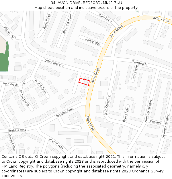 34, AVON DRIVE, BEDFORD, MK41 7UU: Location map and indicative extent of plot