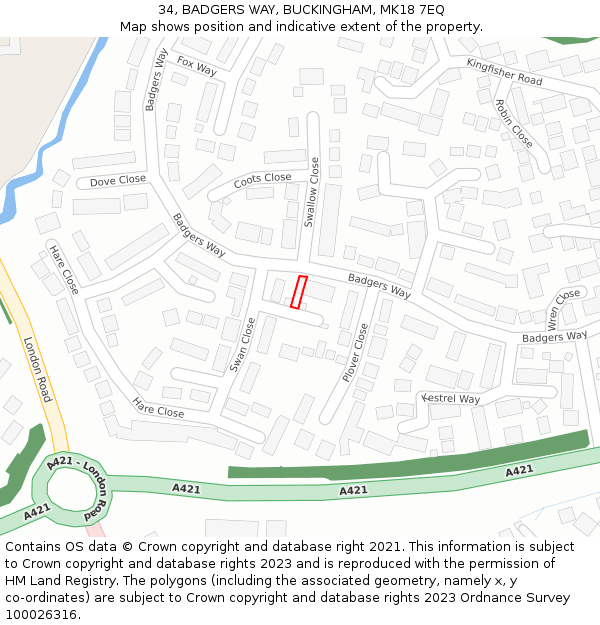 34, BADGERS WAY, BUCKINGHAM, MK18 7EQ: Location map and indicative extent of plot