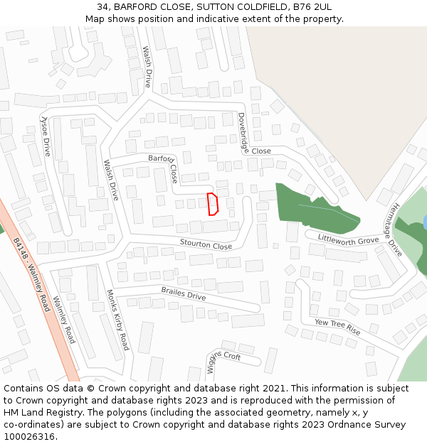 34, BARFORD CLOSE, SUTTON COLDFIELD, B76 2UL: Location map and indicative extent of plot