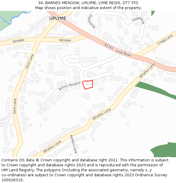 34, BARNES MEADOW, UPLYME, LYME REGIS, DT7 3TD: Location map and indicative extent of plot