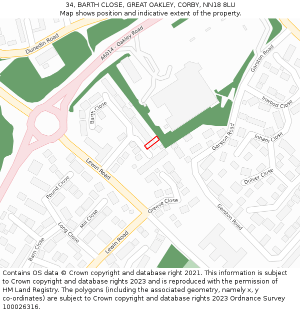 34, BARTH CLOSE, GREAT OAKLEY, CORBY, NN18 8LU: Location map and indicative extent of plot