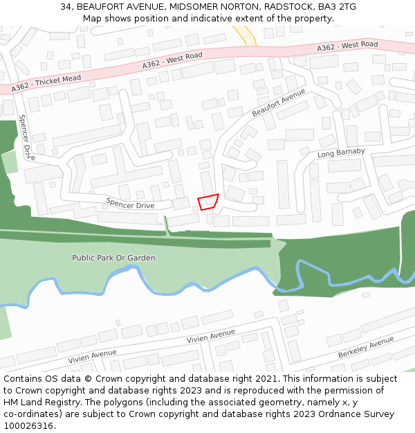 34, BEAUFORT AVENUE, MIDSOMER NORTON, RADSTOCK, BA3 2TG: Location map and indicative extent of plot