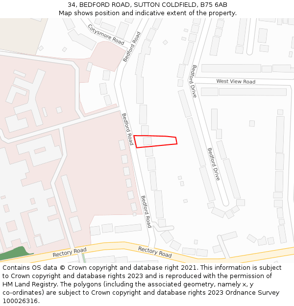 34, BEDFORD ROAD, SUTTON COLDFIELD, B75 6AB: Location map and indicative extent of plot