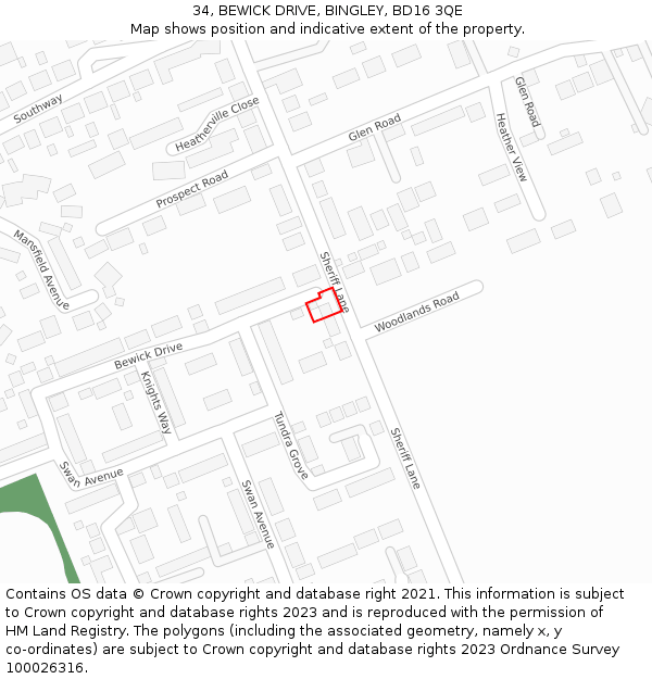 34, BEWICK DRIVE, BINGLEY, BD16 3QE: Location map and indicative extent of plot