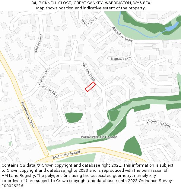 34, BICKNELL CLOSE, GREAT SANKEY, WARRINGTON, WA5 8EX: Location map and indicative extent of plot
