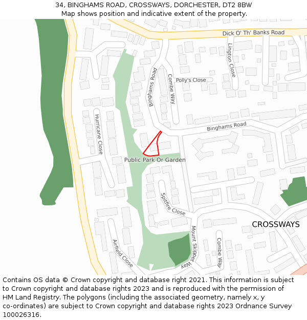 34, BINGHAMS ROAD, CROSSWAYS, DORCHESTER, DT2 8BW: Location map and indicative extent of plot