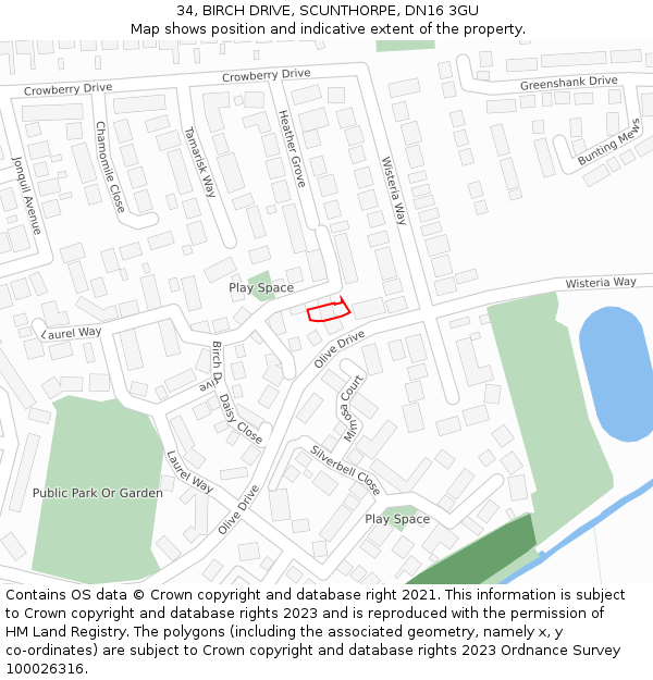 34, BIRCH DRIVE, SCUNTHORPE, DN16 3GU: Location map and indicative extent of plot