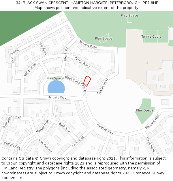 34, BLACK SWAN CRESCENT, HAMPTON HARGATE, PETERBOROUGH, PE7 8HF: Location map and indicative extent of plot