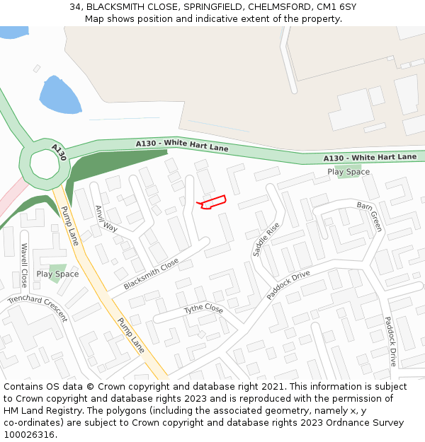 34, BLACKSMITH CLOSE, SPRINGFIELD, CHELMSFORD, CM1 6SY: Location map and indicative extent of plot