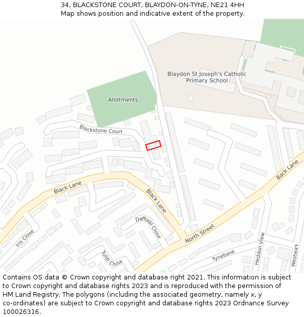 34, BLACKSTONE COURT, BLAYDON-ON-TYNE, NE21 4HH: Location map and indicative extent of plot