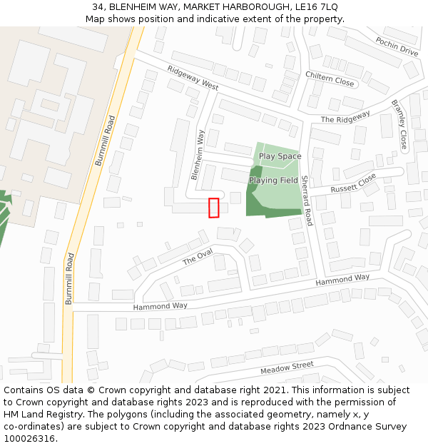 34, BLENHEIM WAY, MARKET HARBOROUGH, LE16 7LQ: Location map and indicative extent of plot