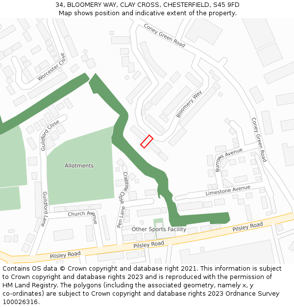 34, BLOOMERY WAY, CLAY CROSS, CHESTERFIELD, S45 9FD: Location map and indicative extent of plot