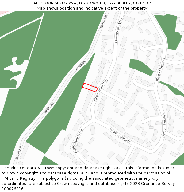 34, BLOOMSBURY WAY, BLACKWATER, CAMBERLEY, GU17 9LY: Location map and indicative extent of plot