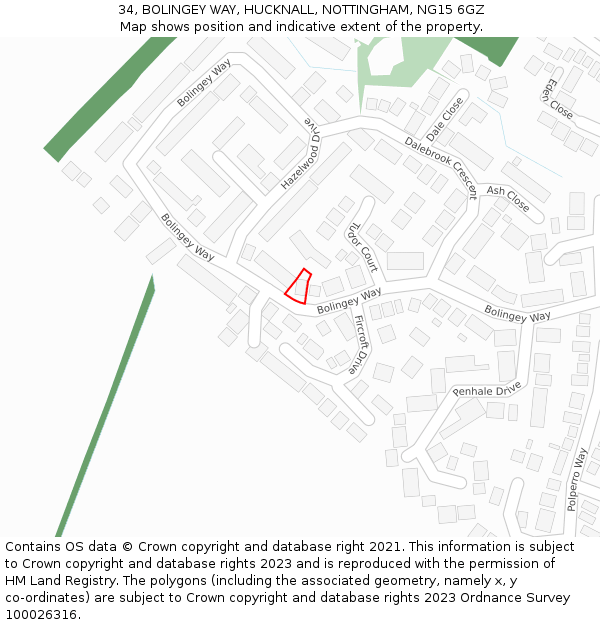 34, BOLINGEY WAY, HUCKNALL, NOTTINGHAM, NG15 6GZ: Location map and indicative extent of plot