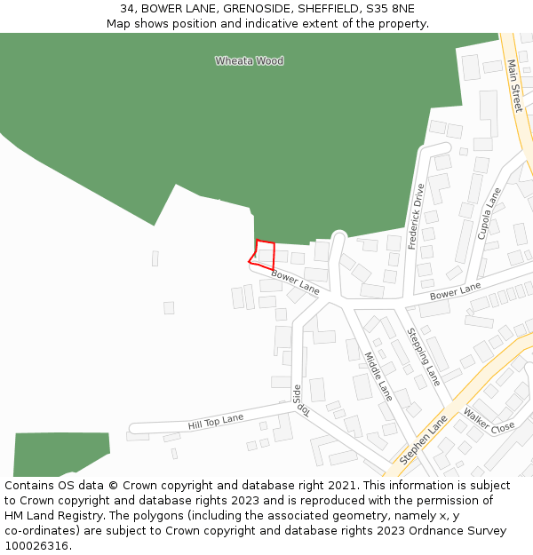 34, BOWER LANE, GRENOSIDE, SHEFFIELD, S35 8NE: Location map and indicative extent of plot