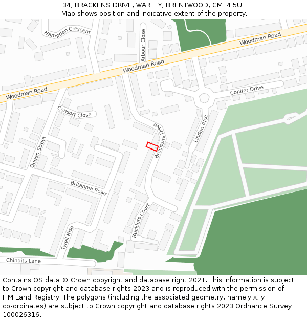 34, BRACKENS DRIVE, WARLEY, BRENTWOOD, CM14 5UF: Location map and indicative extent of plot