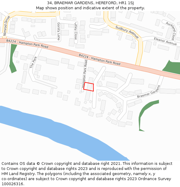 34, BRAEMAR GARDENS, HEREFORD, HR1 1SJ: Location map and indicative extent of plot