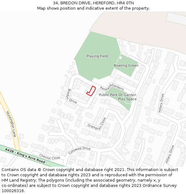 34, BREDON DRIVE, HEREFORD, HR4 0TN: Location map and indicative extent of plot