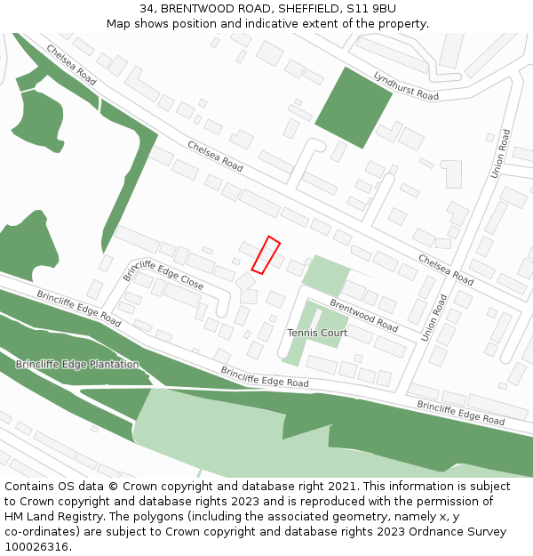 34, BRENTWOOD ROAD, SHEFFIELD, S11 9BU: Location map and indicative extent of plot