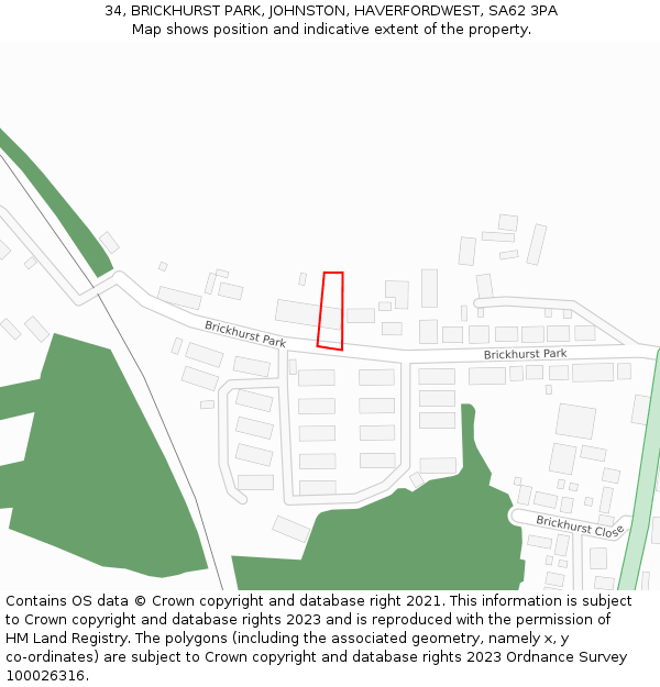 34, BRICKHURST PARK, JOHNSTON, HAVERFORDWEST, SA62 3PA: Location map and indicative extent of plot