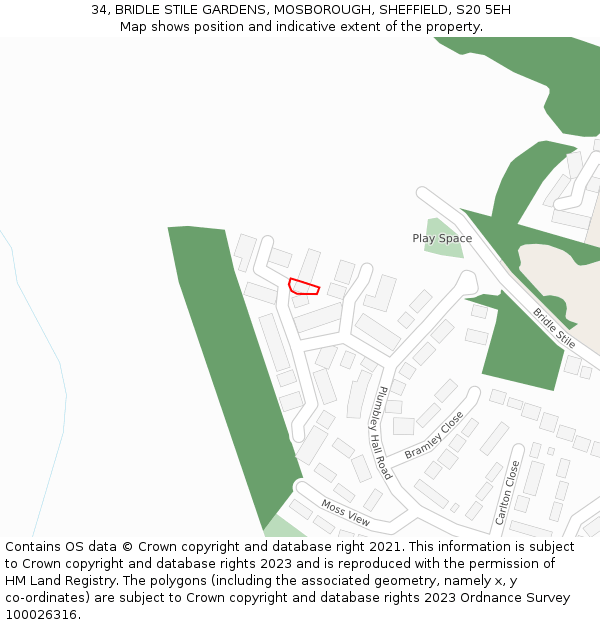 34, BRIDLE STILE GARDENS, MOSBOROUGH, SHEFFIELD, S20 5EH: Location map and indicative extent of plot
