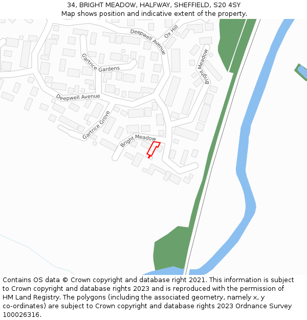 34, BRIGHT MEADOW, HALFWAY, SHEFFIELD, S20 4SY: Location map and indicative extent of plot
