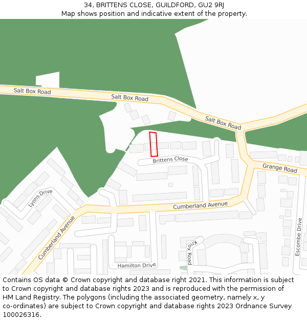 34, BRITTENS CLOSE, GUILDFORD, GU2 9RJ: Location map and indicative extent of plot