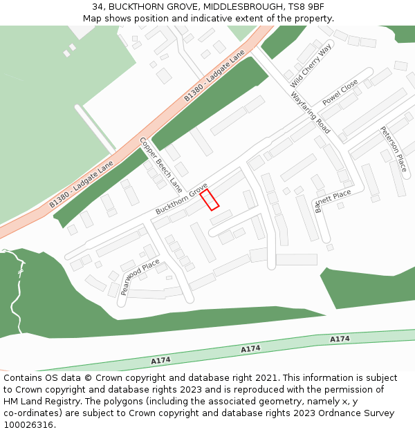34, BUCKTHORN GROVE, MIDDLESBROUGH, TS8 9BF: Location map and indicative extent of plot