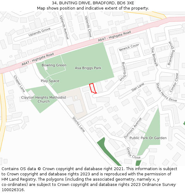 34, BUNTING DRIVE, BRADFORD, BD6 3XE: Location map and indicative extent of plot