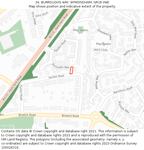 34, BURROUGHS WAY, WYMONDHAM, NR18 0WE: Location map and indicative extent of plot
