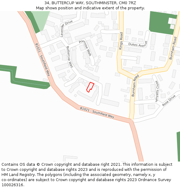 34, BUTTERCUP WAY, SOUTHMINSTER, CM0 7RZ: Location map and indicative extent of plot