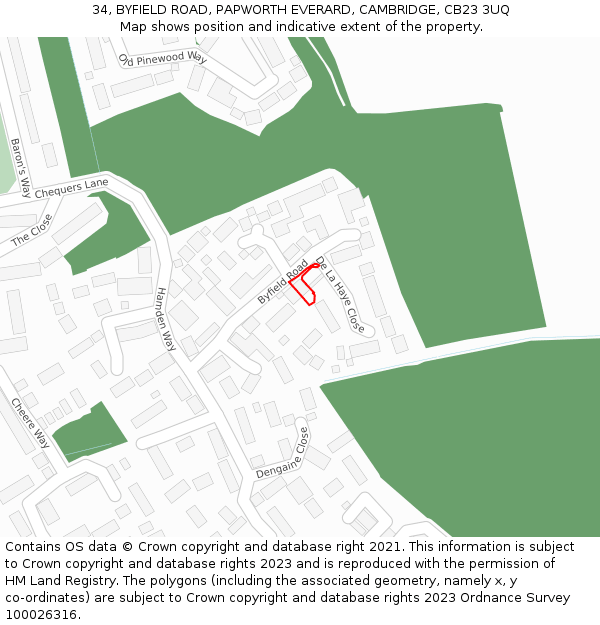 34, BYFIELD ROAD, PAPWORTH EVERARD, CAMBRIDGE, CB23 3UQ: Location map and indicative extent of plot
