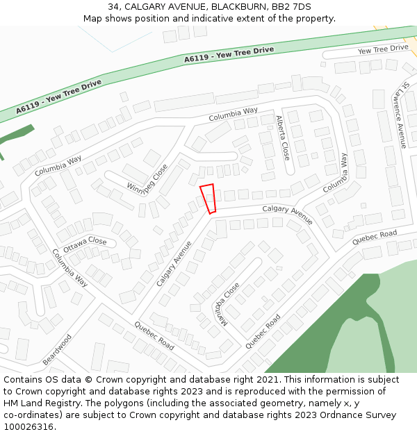 34, CALGARY AVENUE, BLACKBURN, BB2 7DS: Location map and indicative extent of plot