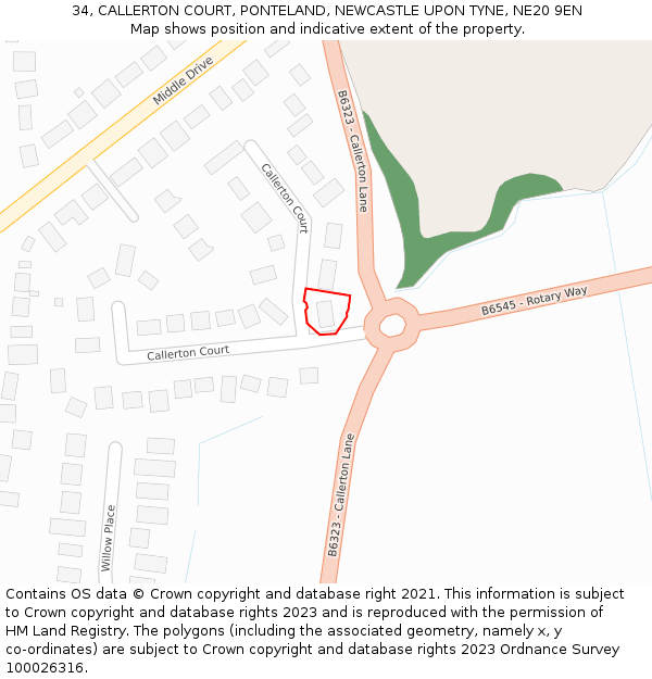 34, CALLERTON COURT, PONTELAND, NEWCASTLE UPON TYNE, NE20 9EN: Location map and indicative extent of plot