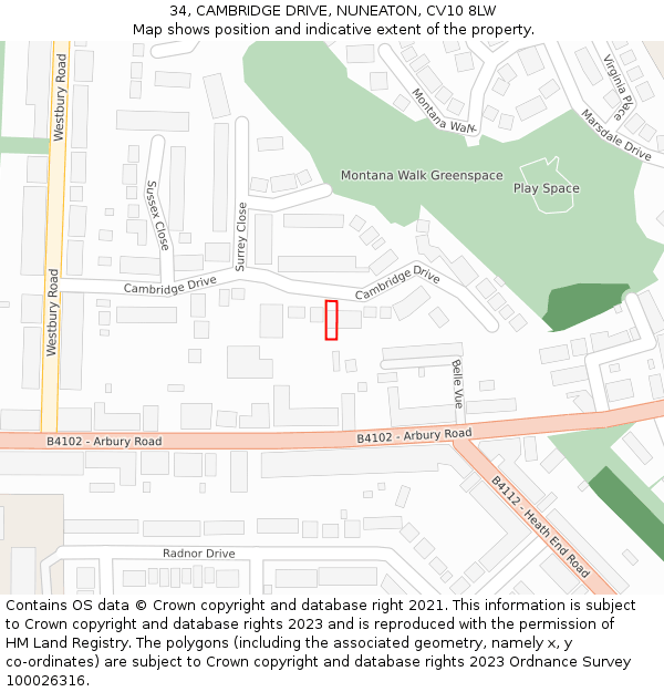 34, CAMBRIDGE DRIVE, NUNEATON, CV10 8LW: Location map and indicative extent of plot