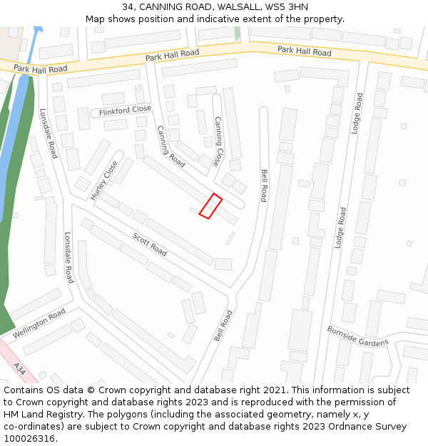 34, CANNING ROAD, WALSALL, WS5 3HN: Location map and indicative extent of plot