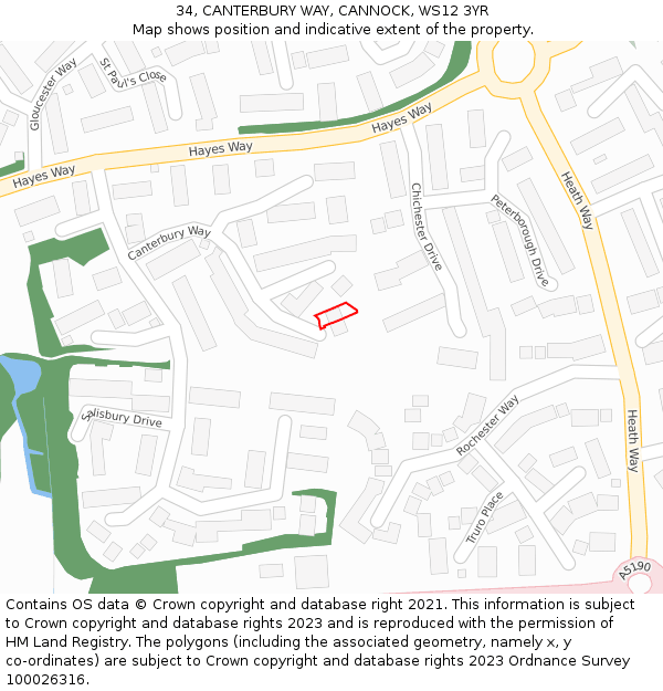 34, CANTERBURY WAY, CANNOCK, WS12 3YR: Location map and indicative extent of plot