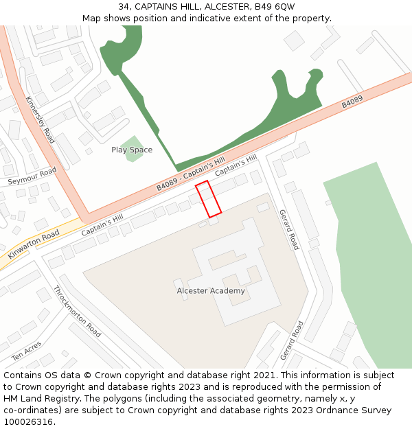 34, CAPTAINS HILL, ALCESTER, B49 6QW: Location map and indicative extent of plot