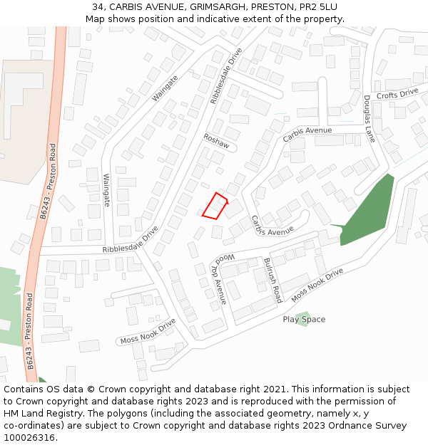 34, CARBIS AVENUE, GRIMSARGH, PRESTON, PR2 5LU: Location map and indicative extent of plot