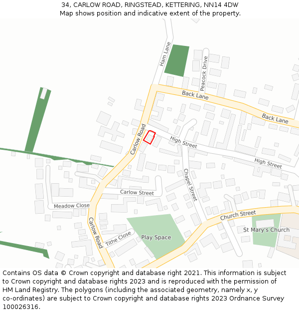 34, CARLOW ROAD, RINGSTEAD, KETTERING, NN14 4DW: Location map and indicative extent of plot