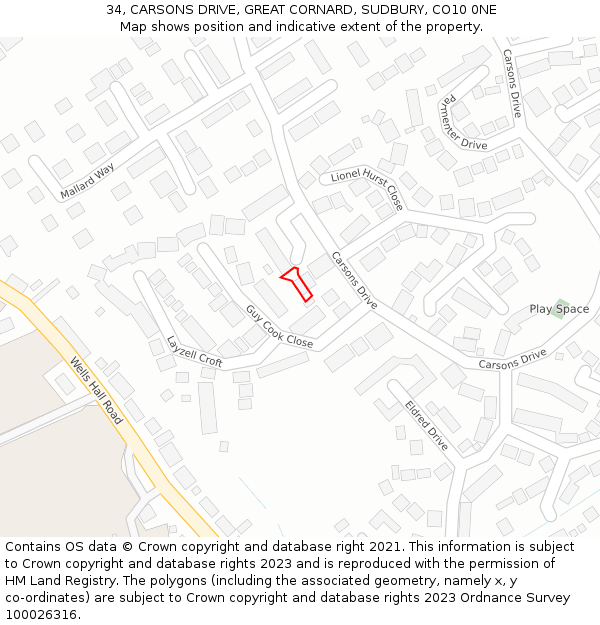 34, CARSONS DRIVE, GREAT CORNARD, SUDBURY, CO10 0NE: Location map and indicative extent of plot