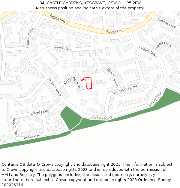 34, CASTLE GARDENS, KESGRAVE, IPSWICH, IP5 2EW: Location map and indicative extent of plot