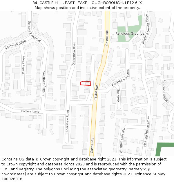 34, CASTLE HILL, EAST LEAKE, LOUGHBOROUGH, LE12 6LX: Location map and indicative extent of plot