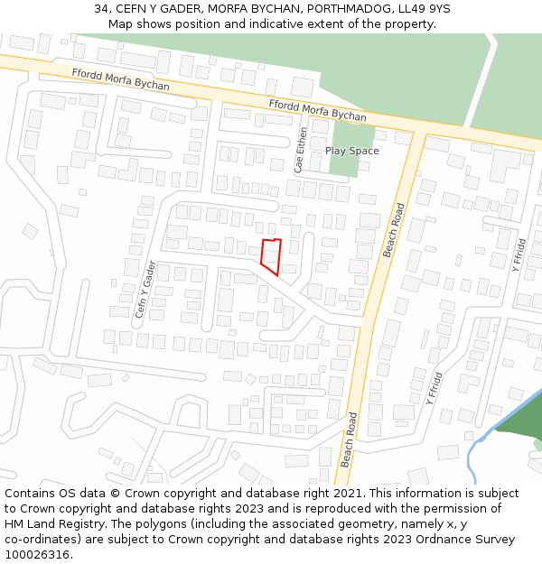 34, CEFN Y GADER, MORFA BYCHAN, PORTHMADOG, LL49 9YS: Location map and indicative extent of plot