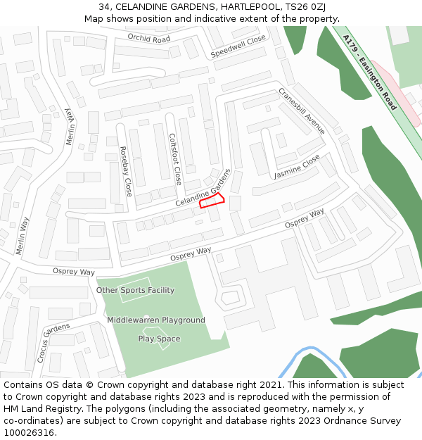 34, CELANDINE GARDENS, HARTLEPOOL, TS26 0ZJ: Location map and indicative extent of plot