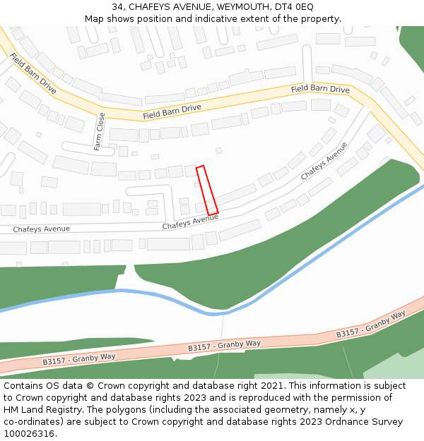 34, CHAFEYS AVENUE, WEYMOUTH, DT4 0EQ: Location map and indicative extent of plot