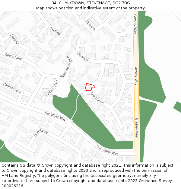34, CHALKDOWN, STEVENAGE, SG2 7BG: Location map and indicative extent of plot